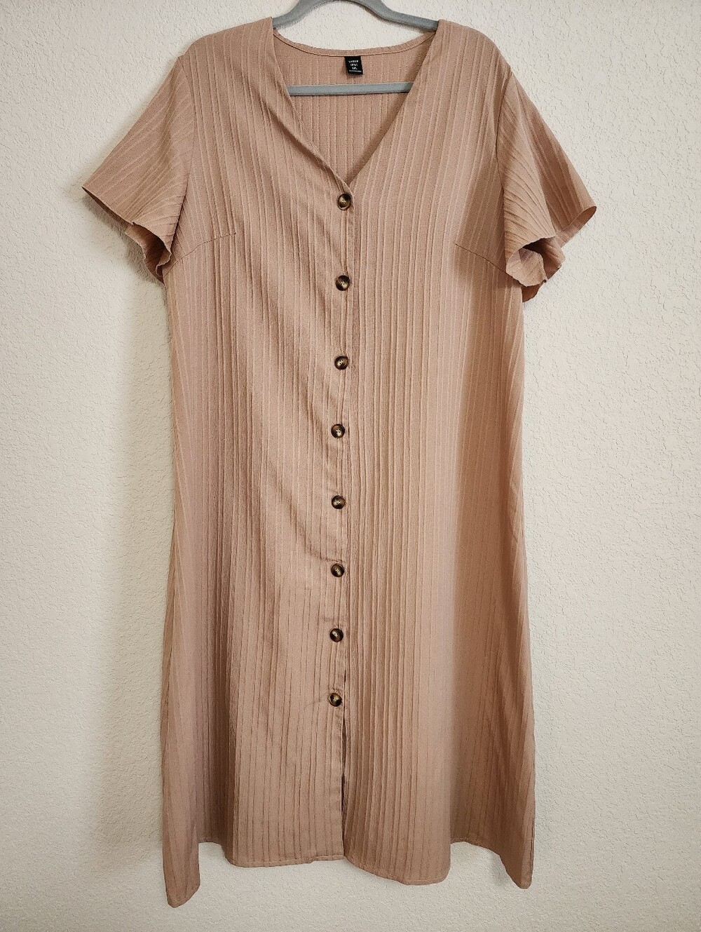 Khaki Ribbed Button-Front Midi Dress
